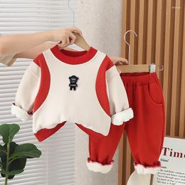 Clothing Sets Winter Baby Boy Clothes Kids 2024 Casual Boys And Girls Cartoon Patchwork Plush Velvet Sweaters Pants Outfits Children Suit
