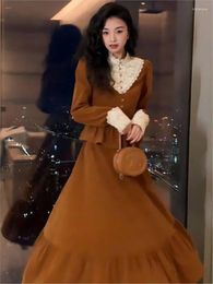 Work Dresses 2024 Spring Skirts Sets Vintage Long Sleeve Lace Reffles Blouse High Waist Midi 2 Pieces Suits Korean Fashion OL