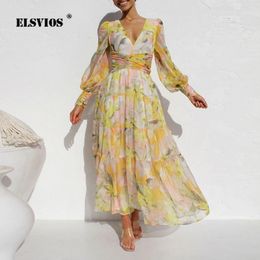 Vestidos Ladies Elegant Floral Print Lantern Long Sleeve Casual Chiffon Dress VNeck Large Swing Spring Autumn Dresses 240327