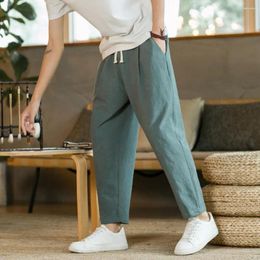 Men's Pants Drawstring Design Trousers Loose Straight Ninth With Elastic Waist Pockets Breathable Ankle For Daily