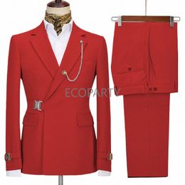 stilvolle rote Königsblau Marine Kerbe Revers zweireihige Herrenanzüge Set Hochzeit Smoking Blazer Prom Anzüge 2 Stück Jacke + Hose 20jx #