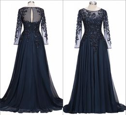 Navy Blue Sheer Long Sleeves Chiffon Mother Of The Bride Dresses Beaded Stones Floor Length Formal Party Evening Dresses BA91351405234