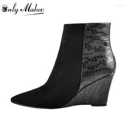 Boots Onlymaker Women Black Wedge Ankle Contrast Heel Casual Pointy Toe Side Zipper Plus Size Booties