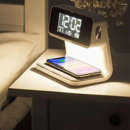 Table Clocks 3 In 1 Digital Calendar Alarm Clock Wireless Charging Station With Bedroom Dimmable Lamp For