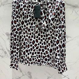 Women's Blouses Trendy Leopard Print Silk Shirt Fashion Long Sleeve Ribbon Bow Tie Design Loose 2024 High End Y2K Clothes Runway