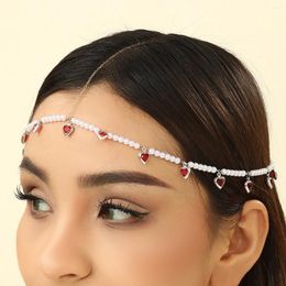 Hair Clips Gothic Dark Red Heart Tassels Women's Head Chain Forehead Accessories Jewelry Elegant Imitation Pearl Fashion Female Gift