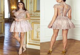 Lovely Blush Pink Ball Gown Short Cocktail Dresses High Neck Short Sleeves With Sequin Beading See Through Middle East Homecoming 9183230