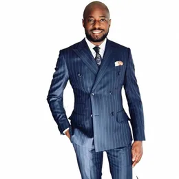 elegant Blue Striped Men Suits 2 Piece Fi Peak Lapel Smart Casual Male Suit Slim Groom Wedding Tuxedo Blazer+Pants G2oM#
