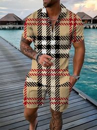 Retro 3D printed mens polo shirt 2-piece set with zippered lapel polo set with zippered necklace and shorts Hawaiian holiday style casual mens clothing 240326