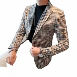 2023 Men's Suit Jacket New Fi British Style Hit Color Plaid Stitching Pattern Sriped Slim Casual Men Clothing Suit Jacket b9jD#