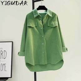 Avocado Green Midlength Corduroy Shirt Womens Spring Loose Thickened Double Pocket Coat Cardigan Women 240321