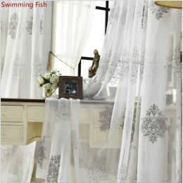 Curtains White grey Embroidered Gauze Sheer Kitchen Voile Organza Curtains Doors For Bedroom Study Curtain Living Room Tulle Drapes 1pc