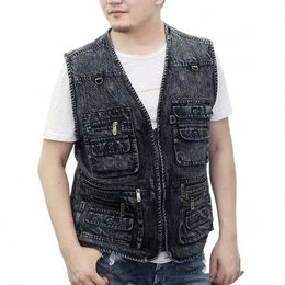 men's Denim Vest Jacket Dark Blue Black Sleevel Truck Driver Cyclist Denim Jacket Multi-pocket Zipper Sleevel Vest z6kS#