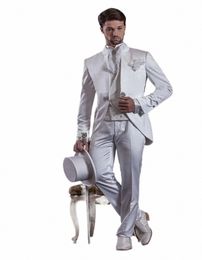 Vintage White Prince Style Groomsmen Abiti da uomo Colletto alla coreana Smoking dello sposo da sposa Blazer maschile Set Abbigliamento formale Giacca + Pantaloni + Gilet