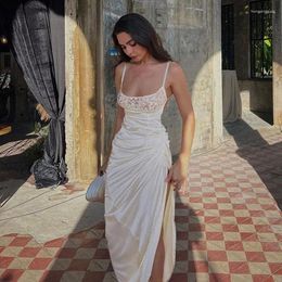 Casual Dresses Spaghetti Strap Long Satin Dress Lace Patchwork Ruched Asymmetrical Backless Cocktail Prom Women ELegant Gown