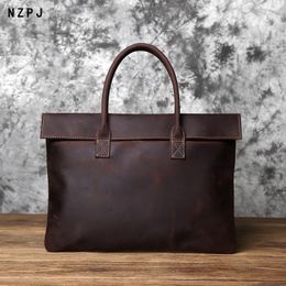 NZPJ Retro Mens Briefcase Leather Casual HandbagTop Layer Cowhide Business Tablet Bag Thin Clutch For 16Inch Laptop 240320