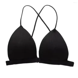 Bras Triangle Cup Bra Stylish Ribbed Wireless With Front Buckle Closure Cross Back Straps Women's Solid Colour For Comfort