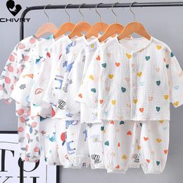 Kids Boys Girls Pyjamas Summer Cotton Linen Thin Cartoon Three-quarter Sleeve Tops with Pants Baby Sleeping Clothing Sets 240314