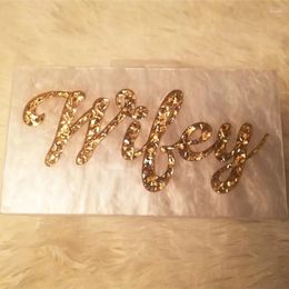 Shoulder Bags Customised Letter Name Wife Pearl White With Gold Glitter Acrylic Handbags Lady Party Travel Evening Acylic Box Clutches Purse