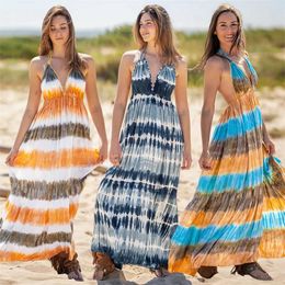 Casual Dresses Ladies Tie-dyed Striped Sleeveless Low-cut Slim A-line Dress Summer Travel Beach Bohemian