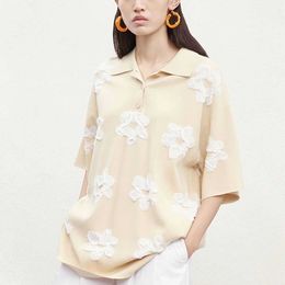 Appliques White Floral Custom Jacquard Polo T-shirt Knit Blouse Womens Sweaters Knitted Top Women