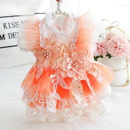 Dog Apparel Luxury Handmade Pet Clothes Fashion Orange Cotton Lace Flower Decor Cute Princess Dress For Small Medium Yorkie Poodle