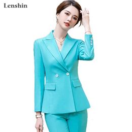 Lenshin HighQuality Ladays Turquoise Business Set For Women Pant Suits Office Wear Single Breasted Blazer with Trousers 240327