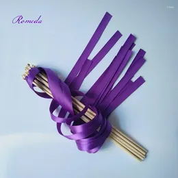 Party Decoration 50pcs/lot Double Purple Stain Ribbon Wedding Stick Wands With Golden Bells For