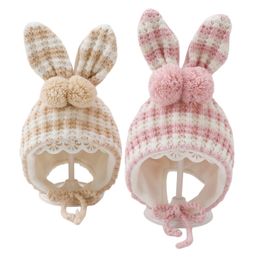 INS Baby kids cute rabbit ears hats infant kids stripe pompom bunny thicken warm beanie children easter party cap A9361