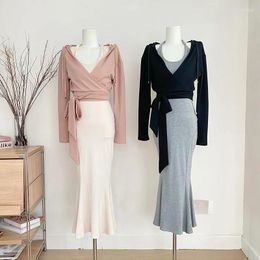 Work Dresses Autumn Skirt Suit Women Elegant Korean Lace-Up Fashion Top Hanging Neck Strap Dress Casual 2-Piece Set