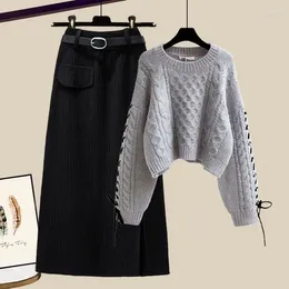 Work Dresses Pullovers Sweater Skirt Set Casual Suits For Women Slim Solid Autumn Winter Knitted Long Sleeve Two Piece