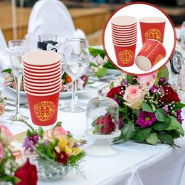 Disposable Cups Straws 100 Pcs Red Double Happiness Glass Food-grade Beverage Cup Know Mug Paper Party Banquet Coffee