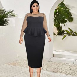 Sexy Splicing Mesh Perspective Long Sleeved Plus Size Slim Fit Ruffled Edge Professional Women's Dress 486448
