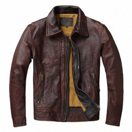 free ship! Top layer Cow Oversized Leather Jacket Red-Brown American Motorcycle Style Colour Distred High Sense Coat v6oi#