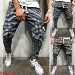 Men's Pants Men Casual Slim Fit Plaid Trousers Running Joggers Sweatpants Classic Drawstring Stripe Print Elastic Waist