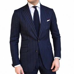 2 Piece Pinstripe Men's Suit Slim Fit for Formal Wedding Tuxedo Notched Lapel Navy Blue Striped Busin Groom Male Fi T31j#