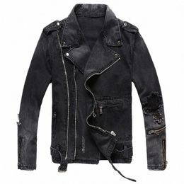 sokotoo Men's zippers black denim jean biker jacket for motorcycle Vintage epaulet holes ripped distred coat k6aS#