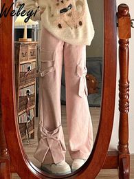 Women's Pants Lolita Pink Streetwear 2024 Spring Large Size Cute Bow Sweet High Waist Straight All Match Wide Leg Trousers