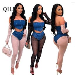 Women's Two Piece Pants QILI-Women's Denim Stitching Pleated Bronzing Set Top And Off Shoulder Jumpsuits Arrival