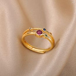 Cluster Rings Colorful Zircon Geometric Stone For Women Stainless Steel Gold Plated Round Crystal Ring Wedding Aesthetic Jewelry Gift