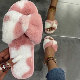 Slippers Slippers ot Selling Winter ome Soes Ladies Cross Soft Plus Furry Female Open Toe Slides Women Warm Faux Fur H240326VEQ9