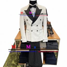 fi Busin Work Man Suit Double Breasted Men Wedding Suits Groom Slim Black Lapel White Blazer Pants 2 Pieces Traje Hombre M7zJ#