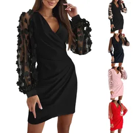 Casual Dresses Spring Womens Mesh Long Sleeve Dress Elegant Wrap V Neck Cocktail Party Office Ladies Slim Ruched Robe Femme