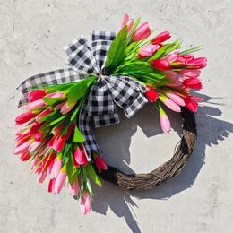 Decorative Flowers Artificial Door Wreath Spring Floral Plaid Bowknot For Home Decor Garden Ornaments Front Wall Ornament