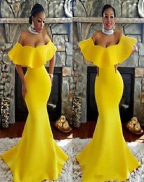 Yellow African Mermaid Evening Dresses Simple Off Shoulder Satin Plus Size Prom Dresses Special Occasion Formal Dresses Custom Mad8668775