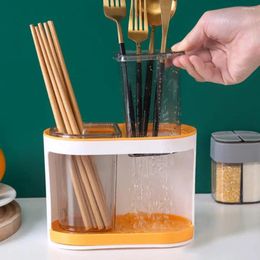 Kitchen Storage Transparent Case Wall Mounted Utensil Holder With Two Compartments For Cutlery Chopsticks Space Spoon