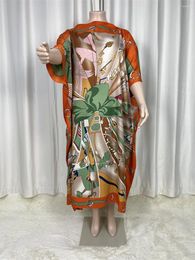 Women's Swimwear African 2024 Saudi Arabian Scarf Loose Print Silk Maxi Dress Summer Beach Bohemian Robe Kaftan Kimono Short Sleeve C43