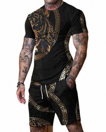 summer Men's Tracksuit Tiger Pattern O-Neck Short Sleeves+Shorts 2 Piece Sports Outfit Fi T-Shirt Men Clothing Casual Suit X87O#