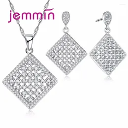 Necklace Earrings Set Classic Square Jewellery Real 925 Sterling Silver CZ Clear Micro Inlay Bijoux Sets Women Girls Gifts