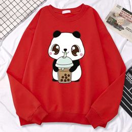 Women's Hoodies Casual Simple Crewneck Soft Sweatshirt Fleece Warm Female Clothes Women Pullovers Baby Panda Drinking Milk Printing